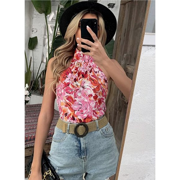 Pink Floral Printed High Neck Halter Sleeveless Keyhole Tank Top Blouse - Picture 2 of 7